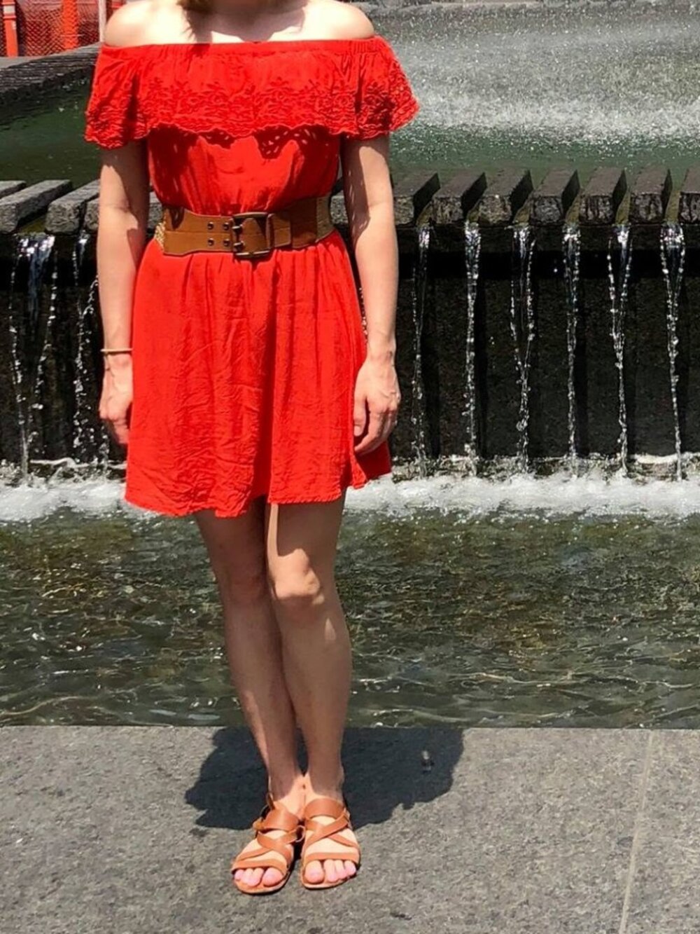 XS LOFT Red Eyelet Off-The-Shoulder Tiered Dress